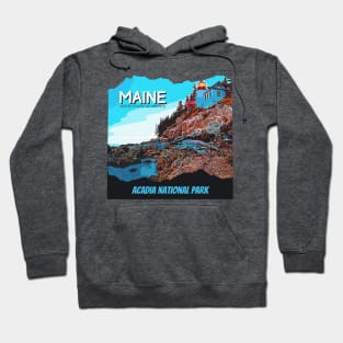 Acadia National Park, Maine - for adventure lover, camping, hiking, outdoor, lighthouse, mountain, waterfall, road trip, Retro vintage comic style design Hoodie